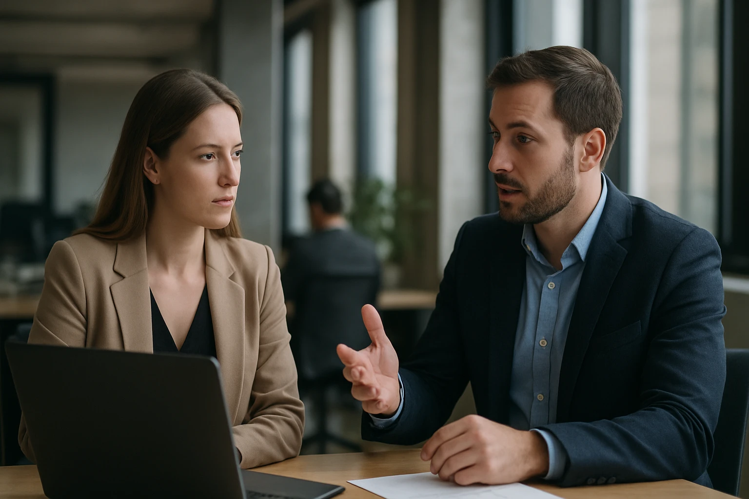 Két üzletember beszélget egy modern irodában, laptop előtt ülve.