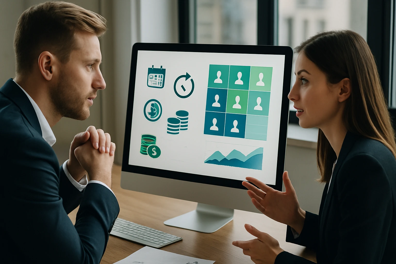 Két üzletember beszélget egy számítógép előtt, amely grafikonokat és ikonokat mutat.