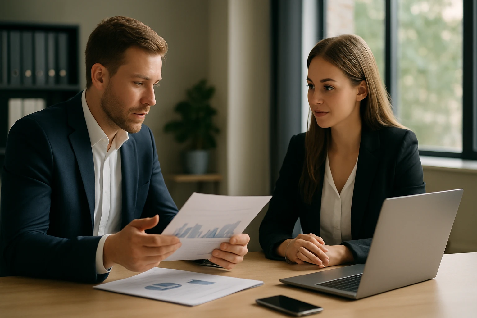 Két üzletember egy asztalnál ül, dokumentumokat néznek át laptop mellett.