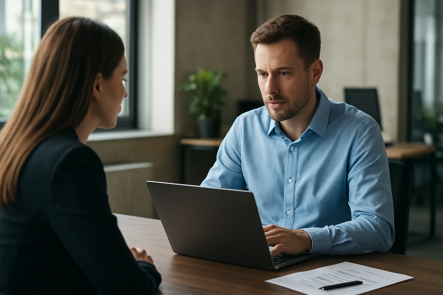Két ember ül egy asztalnál, laptop előtt, üzleti megbeszélés közben.