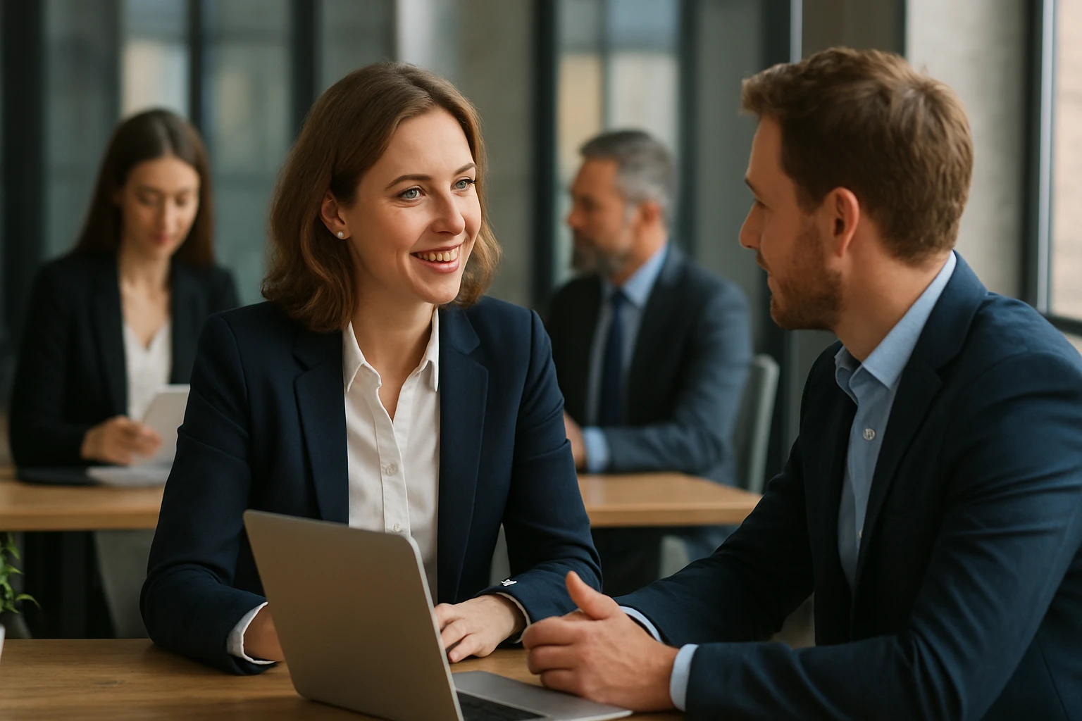Két üzletember beszélget egy modern irodában, laptop előtt ülve.