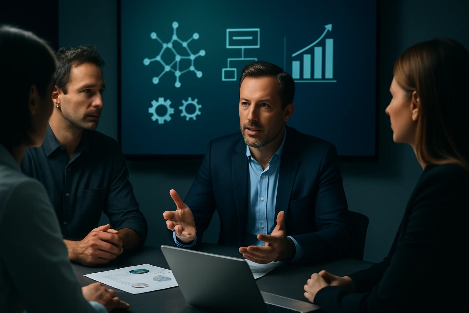 Négy felnőtt egy üzleti megbeszélésen, háttérben grafikonokkal és diagramokkal.