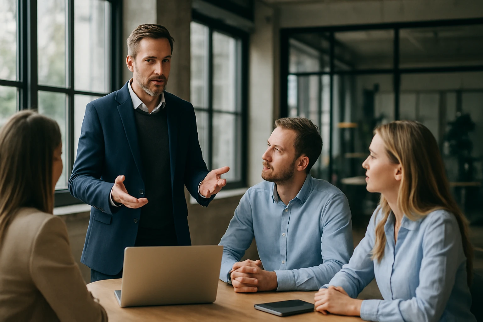 Egy férfi prezentál egy üzleti megbeszélésen, míg három kollégája figyelmesen hallgat.