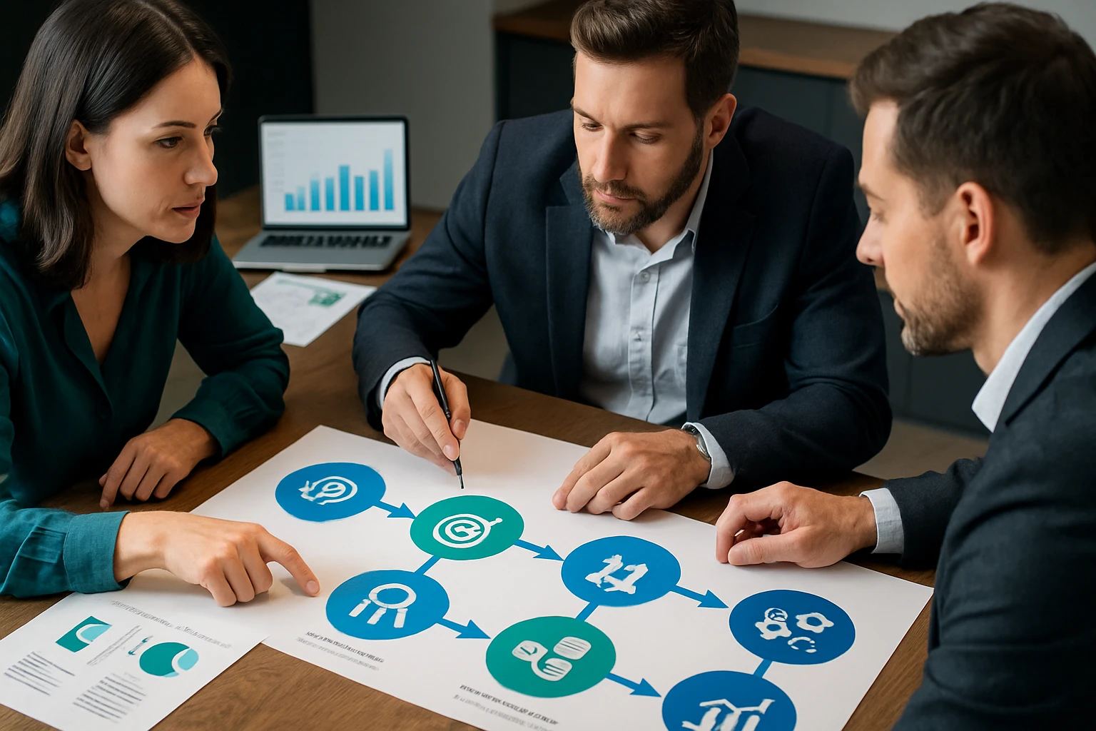 Három ember egy üzleti megbeszélésen, diagramot elemeznek egy asztalon.