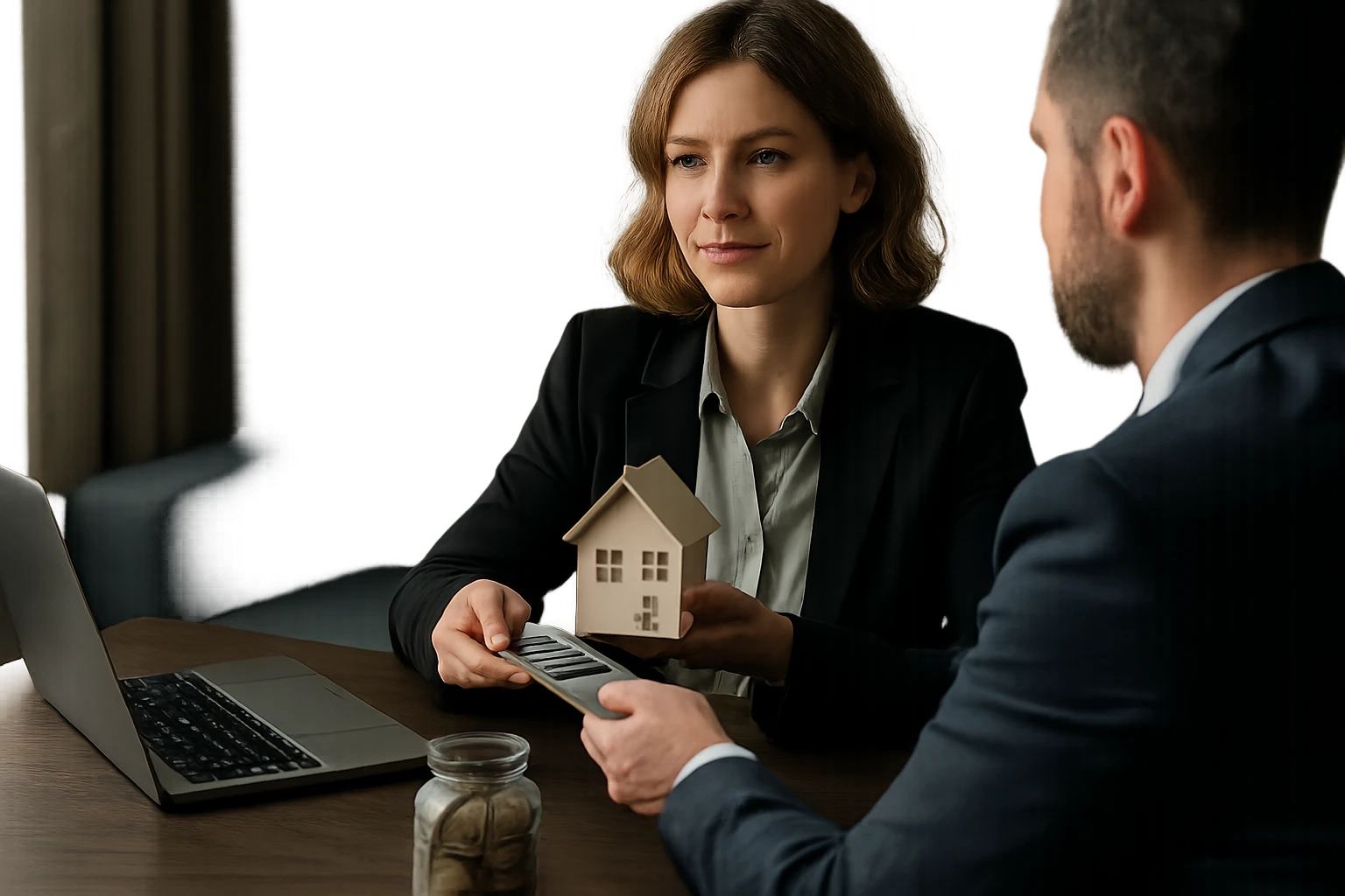 Két üzletember beszélget egy laptop mellett, az egyik házmodellt tart a kezében.