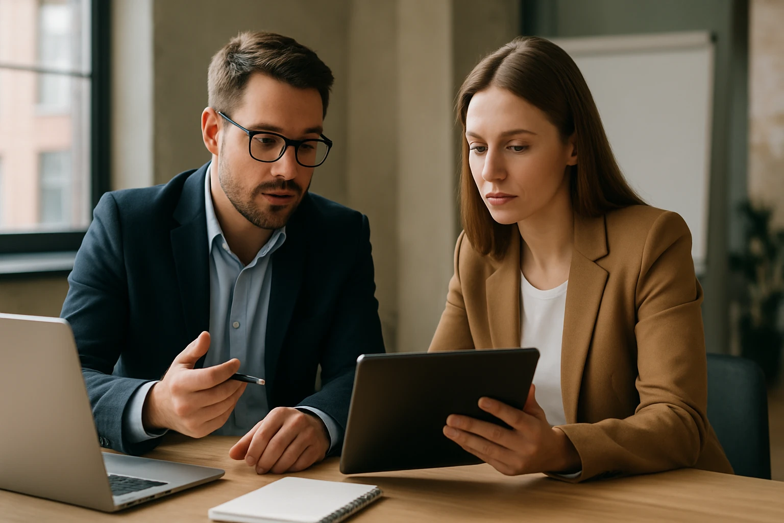 Két üzletember egy táblagépet néz, miközben laptop és jegyzetfüzet van előttük.