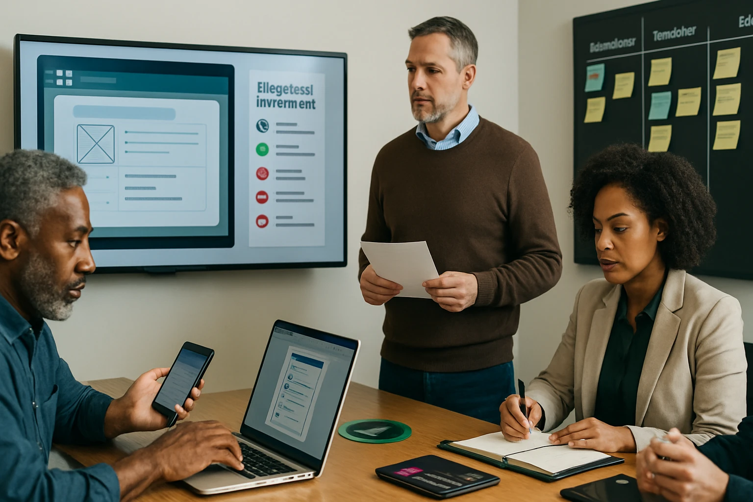 Egy üzleti megbeszélés, ahol a résztvevők laptopot és okostelefont használnak.