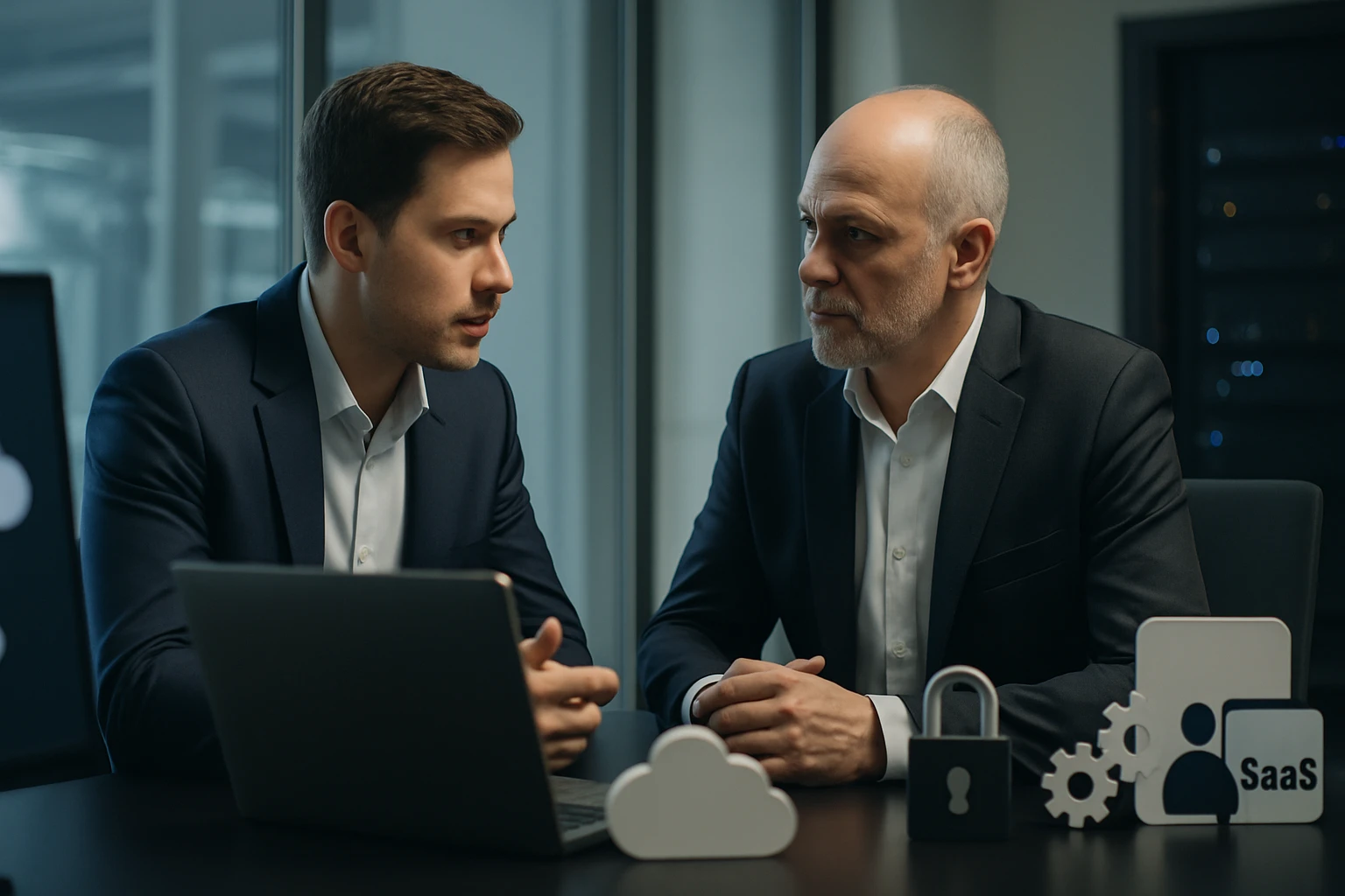 Két üzletember beszélget egy laptop mellett, technológiai elemekkel a háttérben.