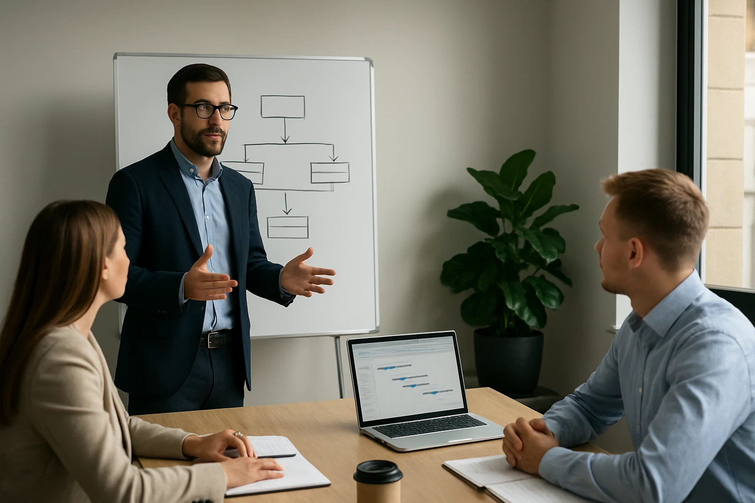 Egy férfi prezentál egy üzleti megbeszélésen, miközben a kollégái figyelnek.