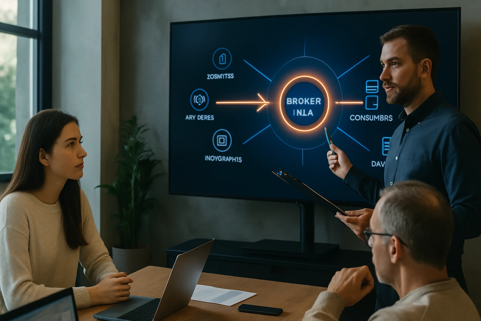 Egy üzleti megbeszélés, ahol a prezentáló férfi a képernyőn látható adatokat mutatja be.