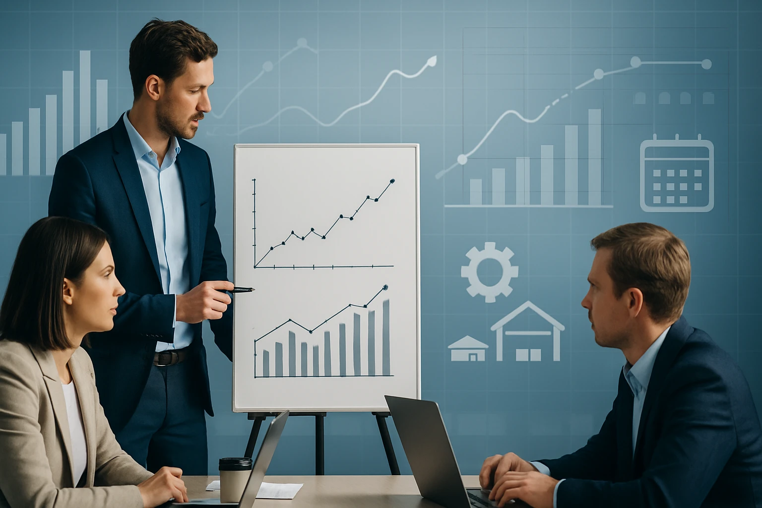 Egy férfi prezentál grafikonokat egy üzleti megbeszélésen, két kollégája figyel.