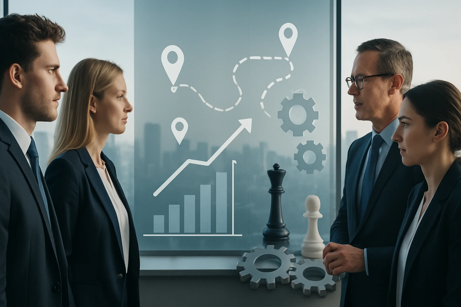 Két üzletember és két üzletasszony áll egy ablak előtt, háttérben grafikonokkal.