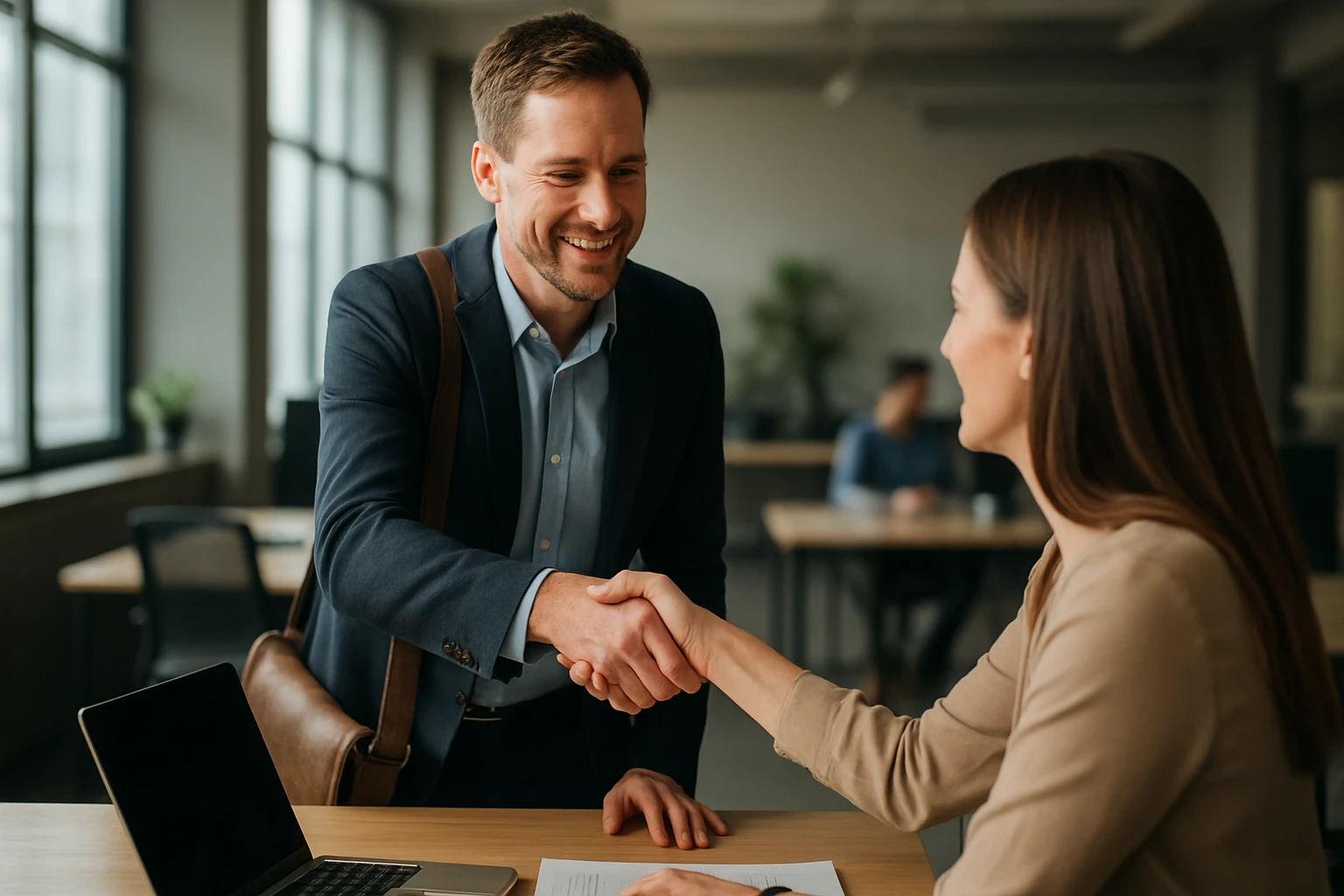 Két üzletember kezet fog egy modern irodában, barátságos légkörben.