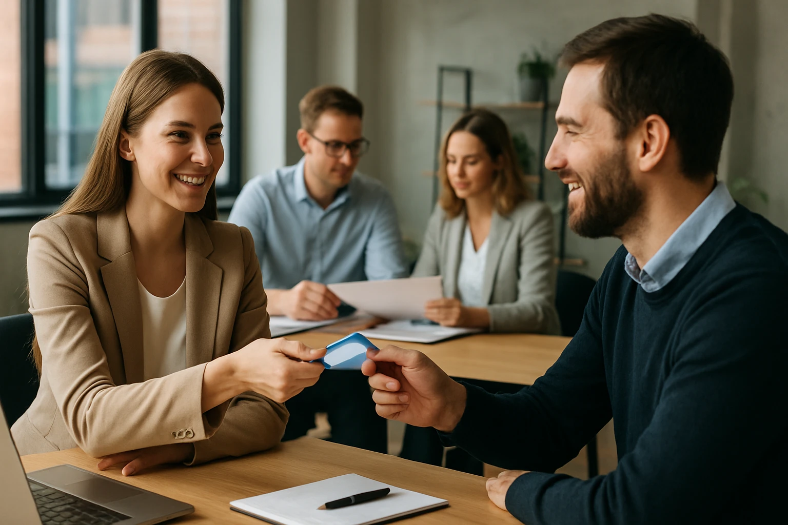 Egy nő üzleti megbeszélés közben kártyát ad át egy férfinak.
