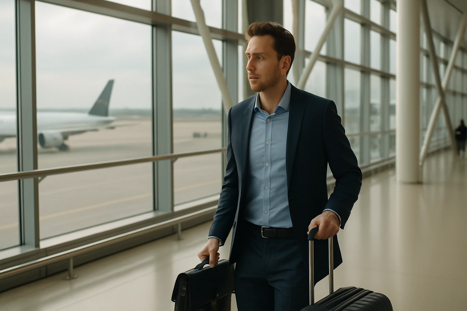 Üzletember bőrönddel sétál az üres repülőtér termináljában.