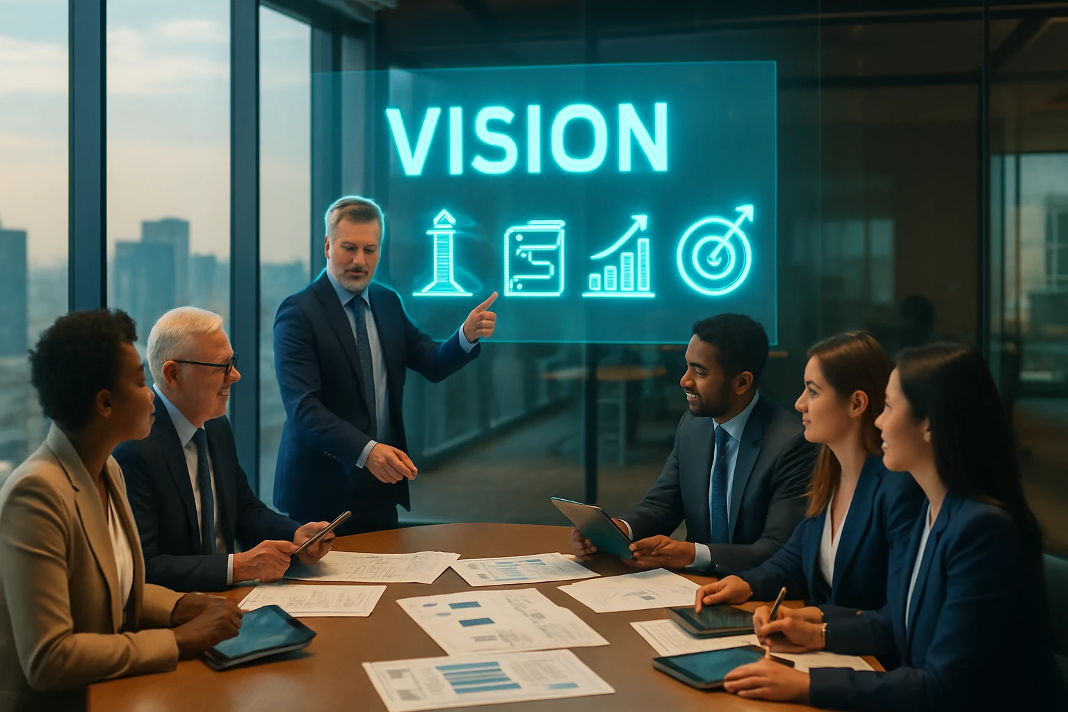 Egy üzleti megbeszélés, ahol a résztvevők a jövőbeli tervekről beszélgetnek.