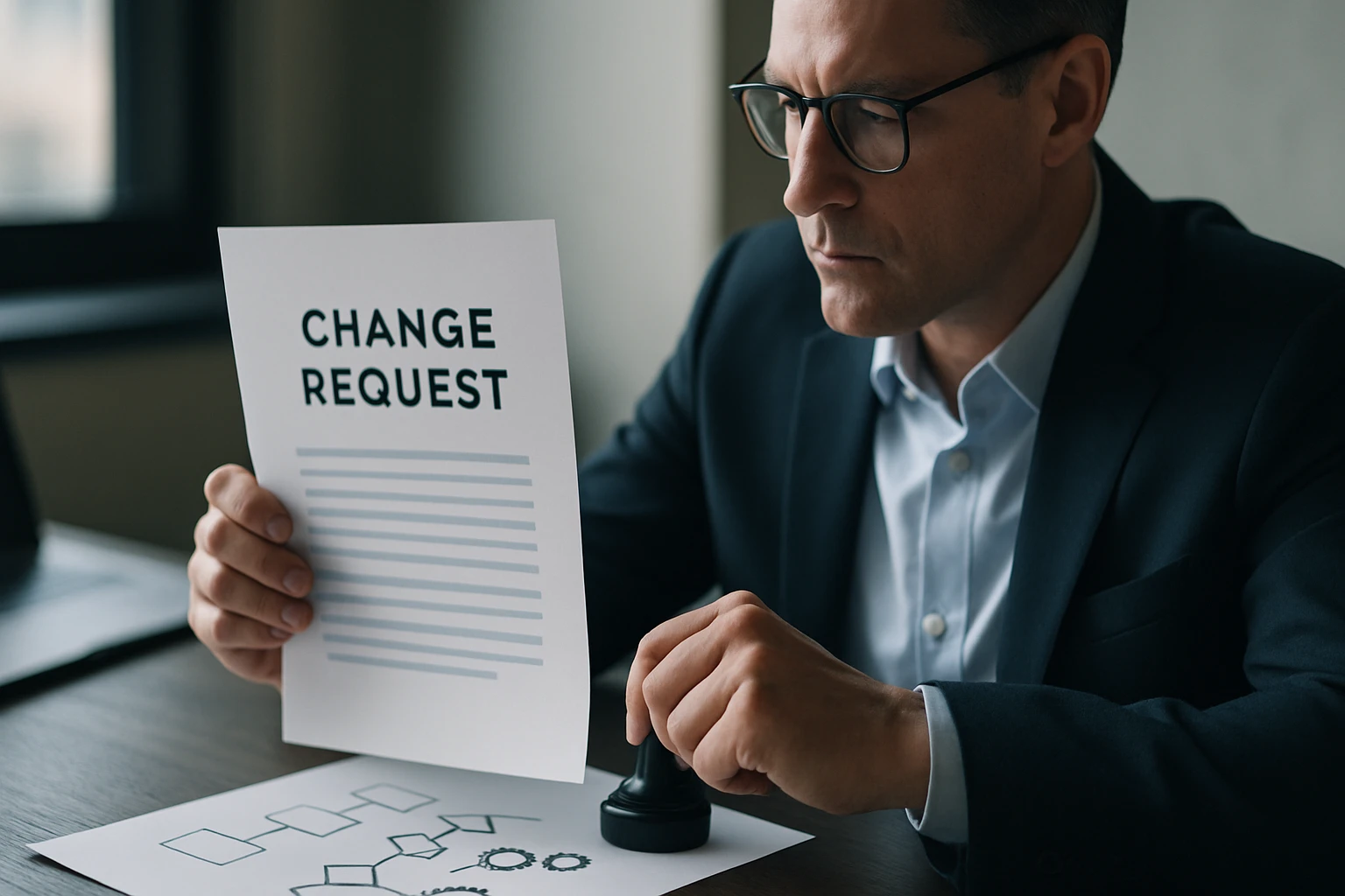 Egy üzletember egy változtatási kérelem dokumentumot tart a kezében.