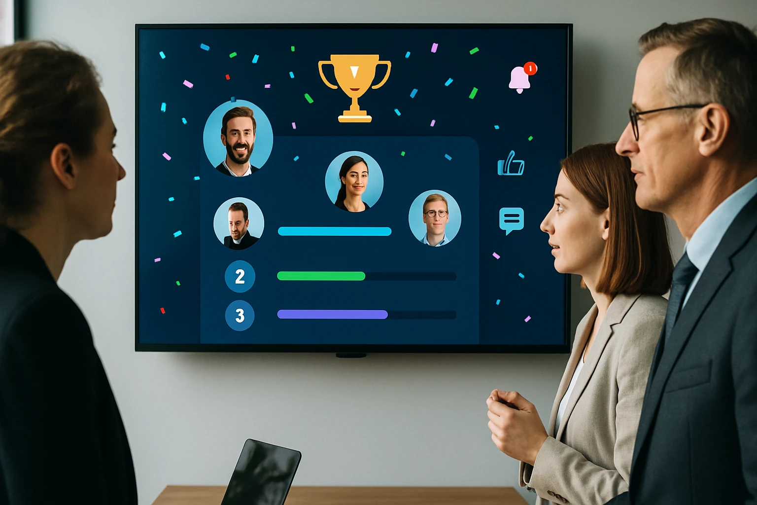 Egy prezentációs képernyő, amelyen versenyzők rangsora látható, háttérben ünneplő emberek.