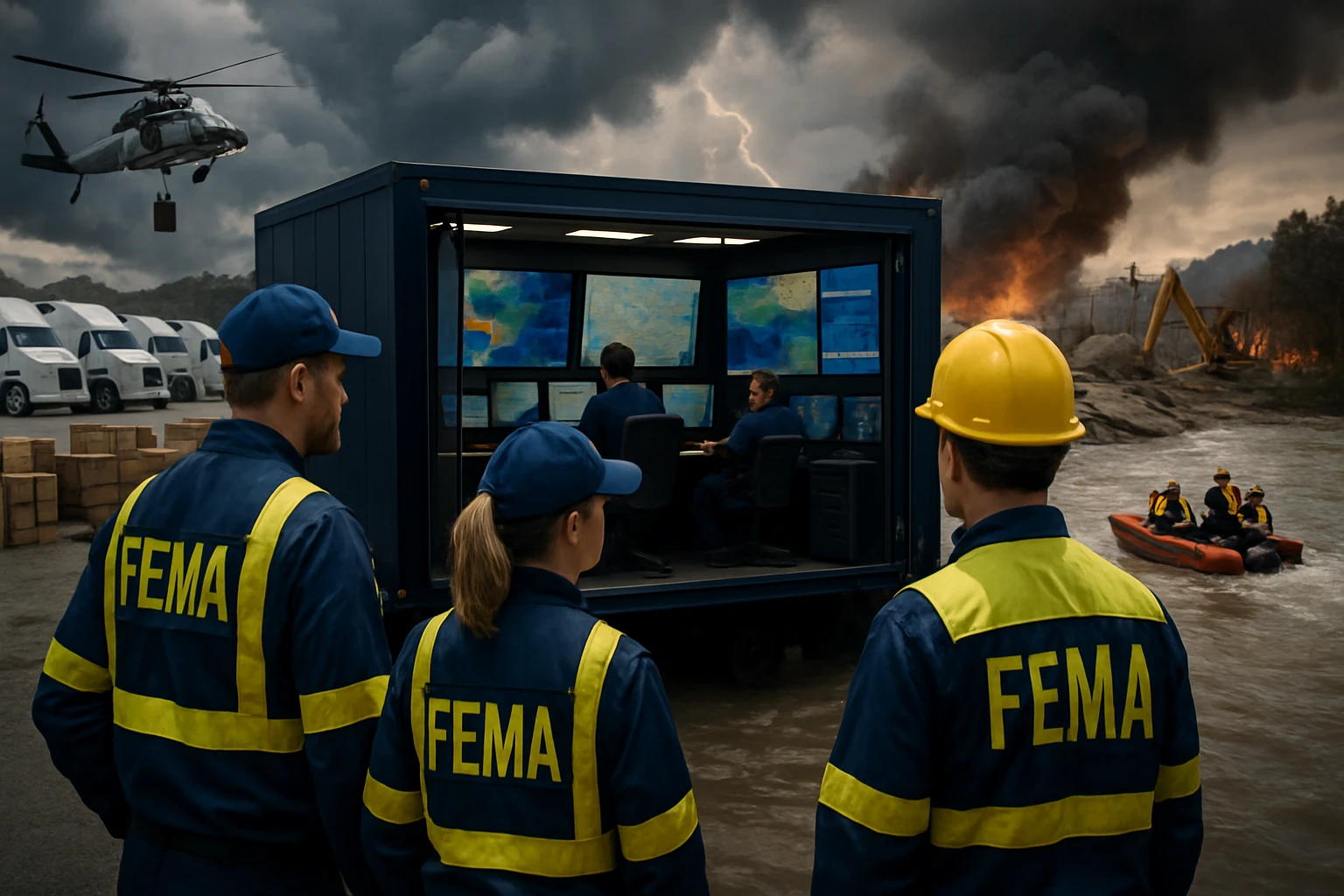 FEMA munkatársai egy vészhelyzeti irányítóközpont előtt állnak, helikopterrel a levegőben.