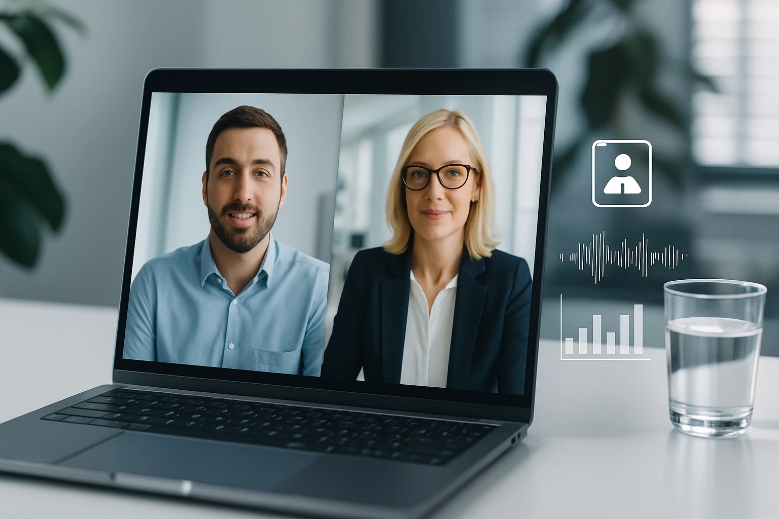 Két ember videóhívás közben, laptopon, modern irodai környezetben.