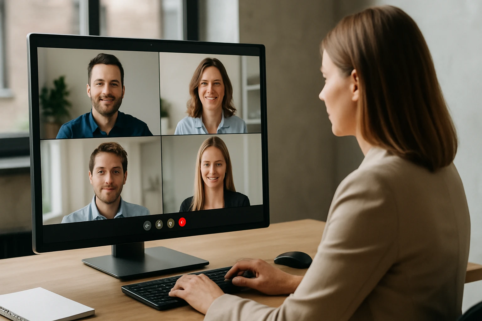 Egy nő videokonferencián vesz részt, négy résztvevő látható a képernyőn.