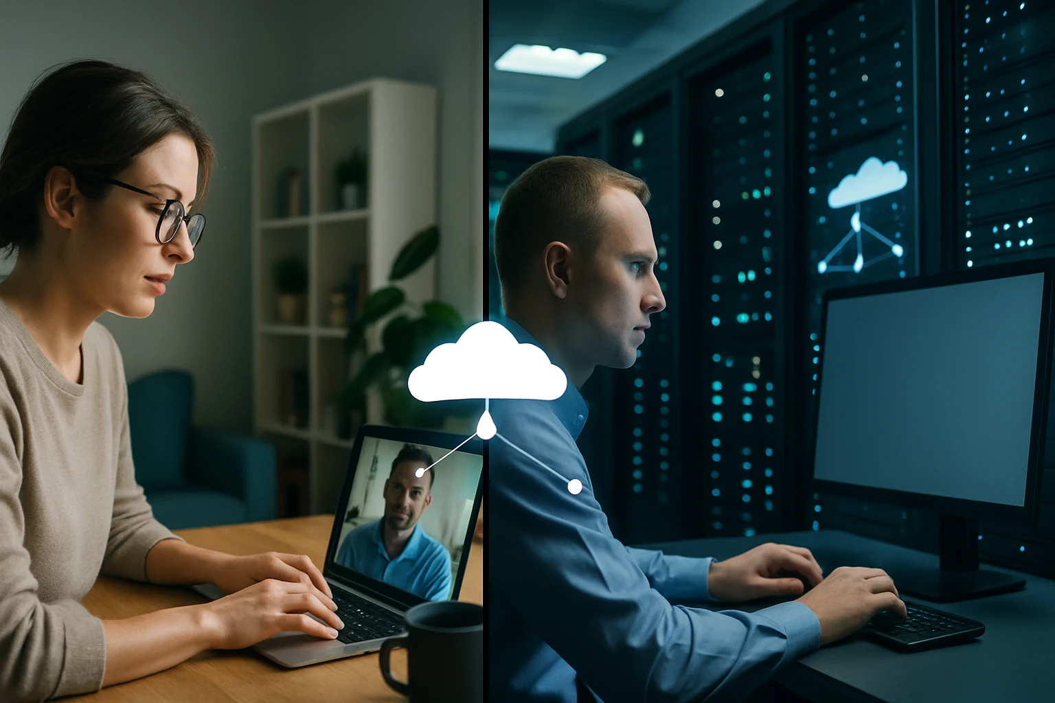Egy nő laptopon videóhívást folytat, míg egy férfi számítógépen dolgozik, háttérben szerverekkel.