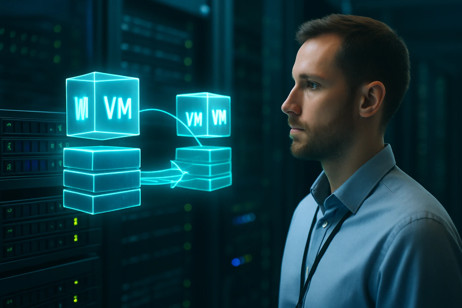 Egy férfi néz egy virtuális gépeket ábrázoló hologramra adatközpontban.