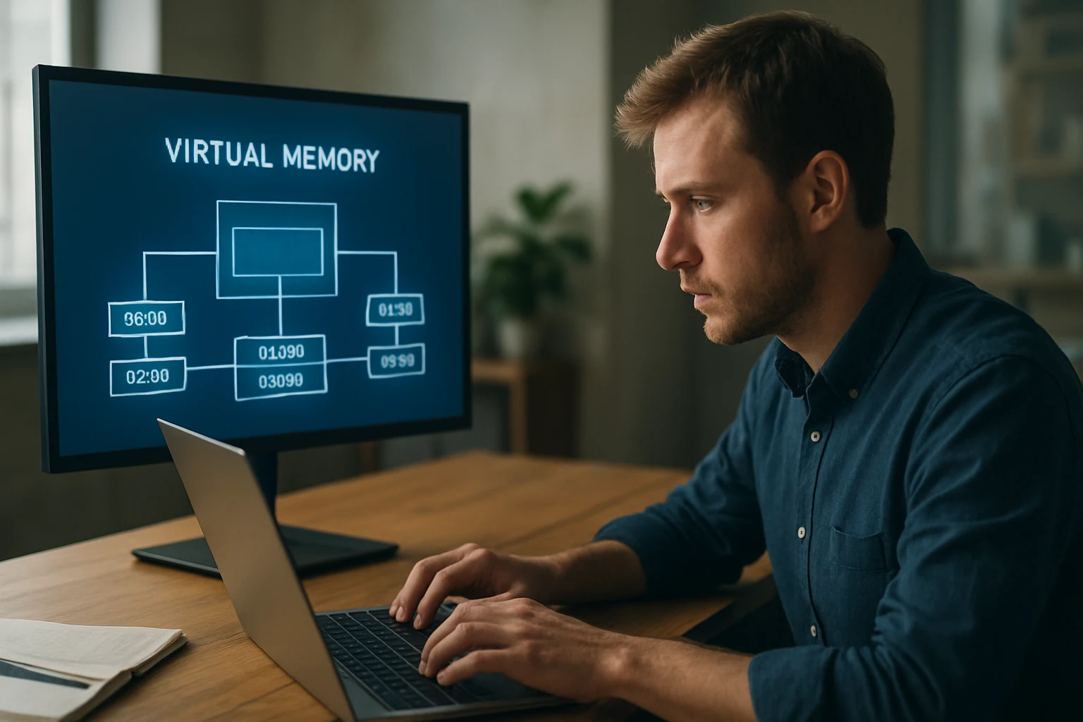Egy férfi dolgozik egy laptopon, miközben a monitoron virtuális memória diagram látható.