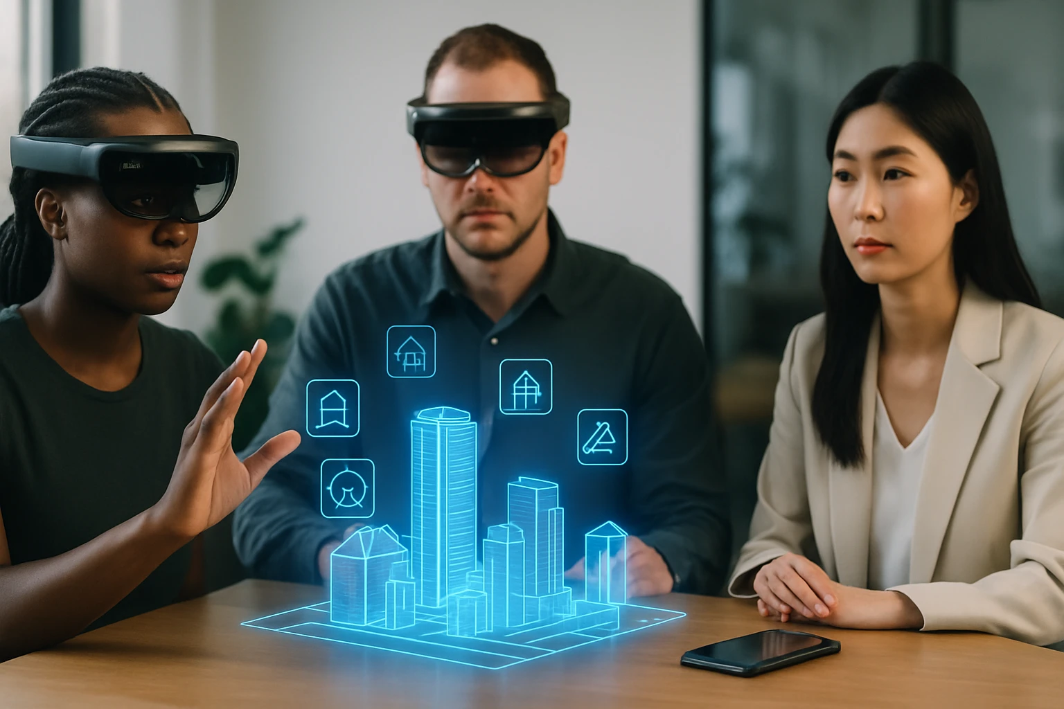 Három ember virtuális valóság szemüveget visel, holografikus épületek felett ülnek.