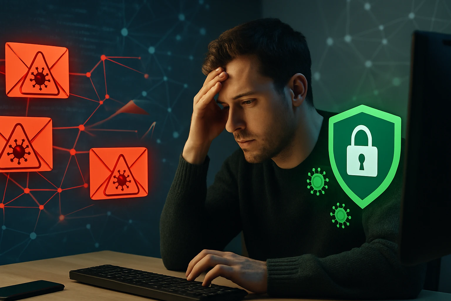 Egy férfi aggódva nézi a számítógépét, miközben vírusokkal kapcsolatos figyelmeztetések jelennek meg.