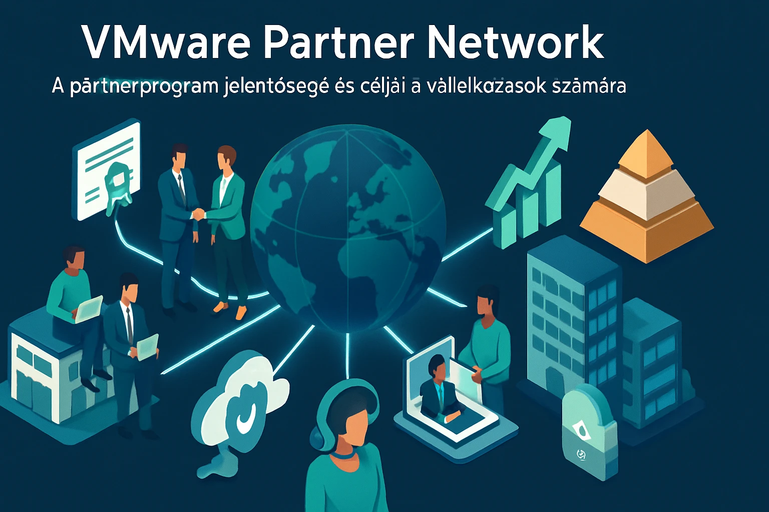 Kép a VMware Partner Networkről, üzletemberek és technológiai elemek ábrázolásával.