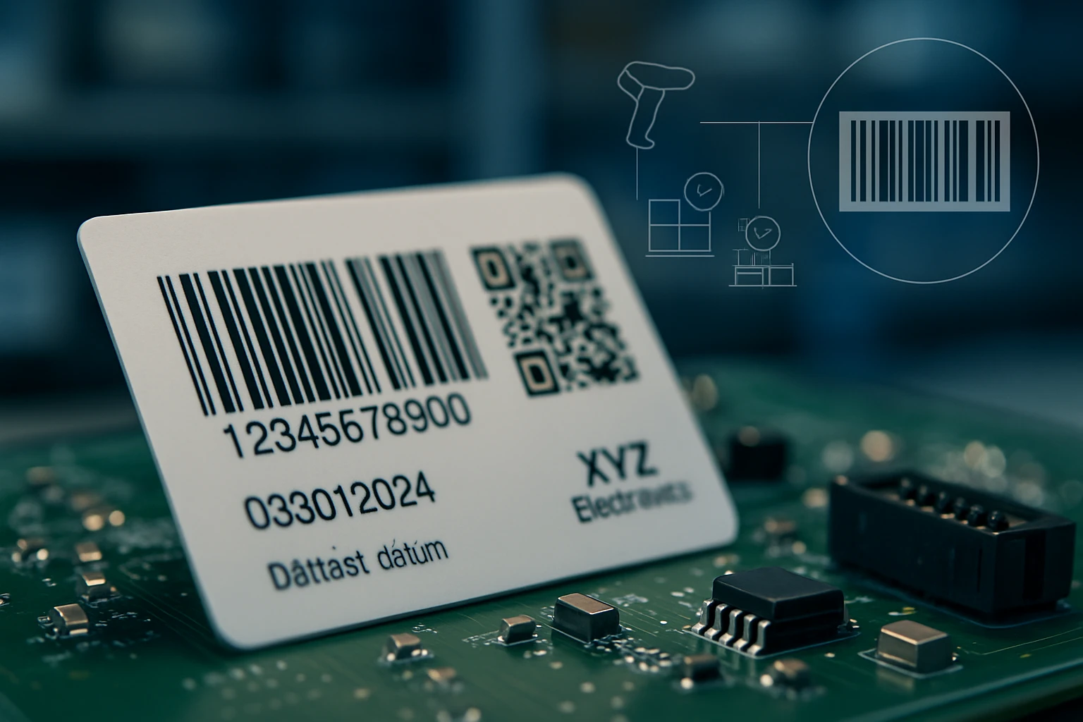Egy elektronikai alkatrészen elhelyezett vonalkód és QR-kód látható.