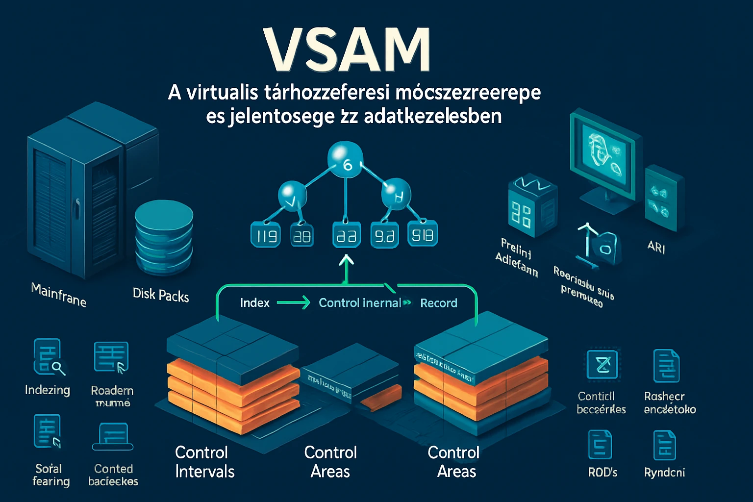 A VSAM adatkezelési rendszer grafikus ábrázolása, bemutatva a főbb elemeket.
