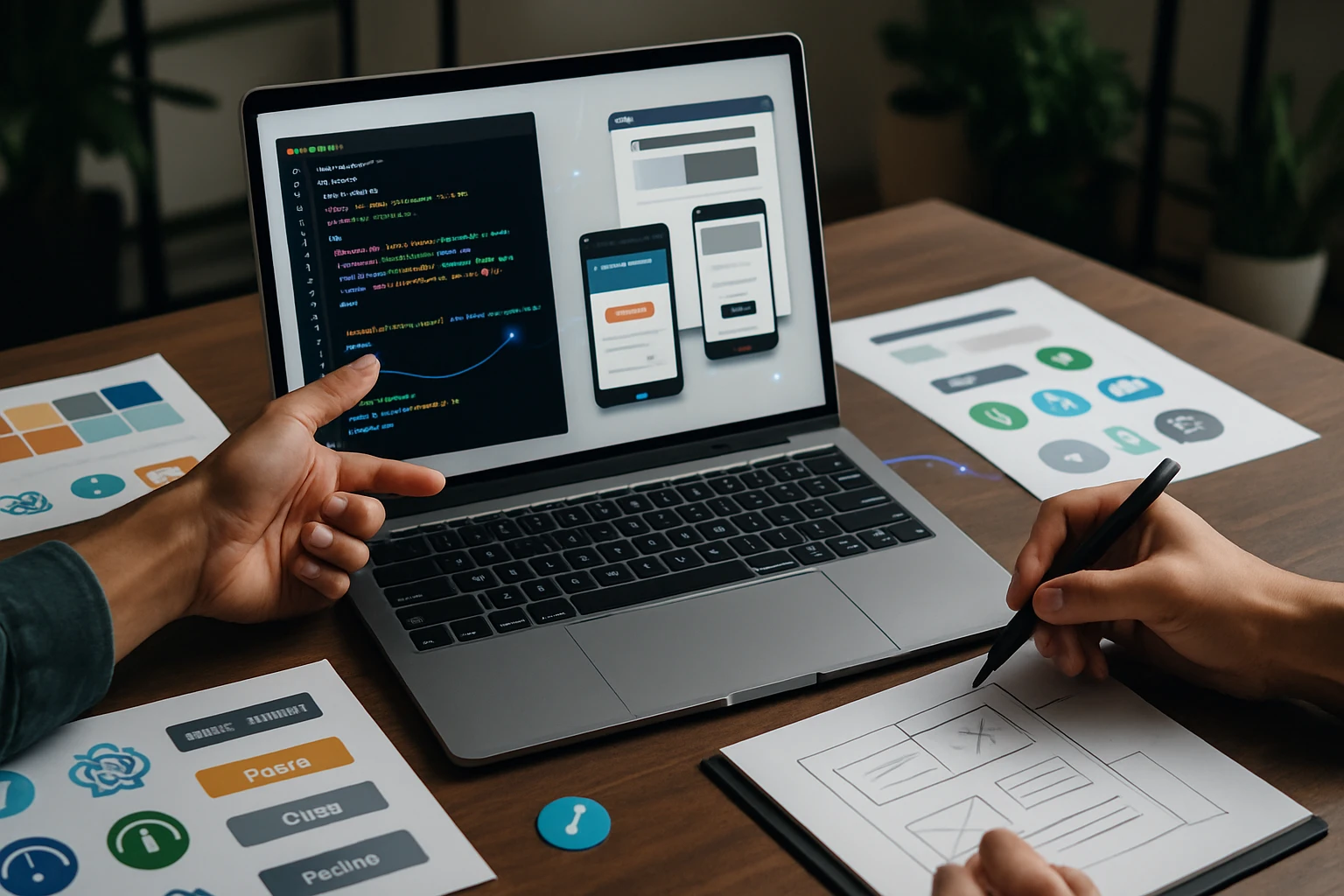Két kéz egy laptop mellett, ahol kód és mobiltervek láthatók.