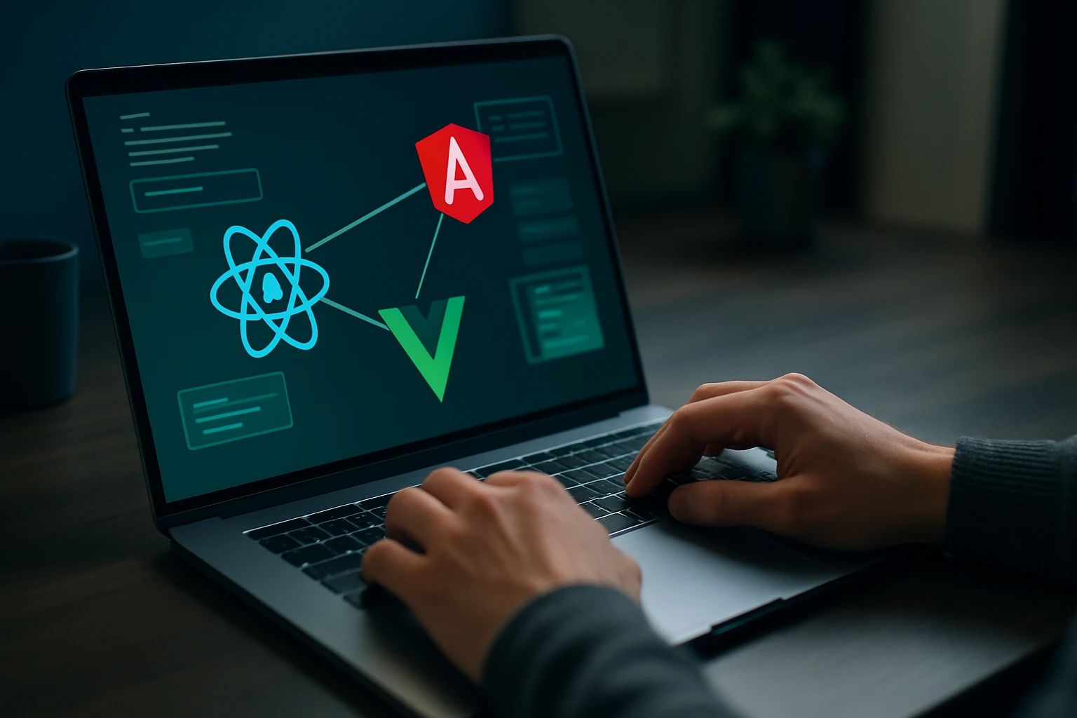 Egy laptop képernyőjén React, Angular és Vue logók láthatók, programozás közben.