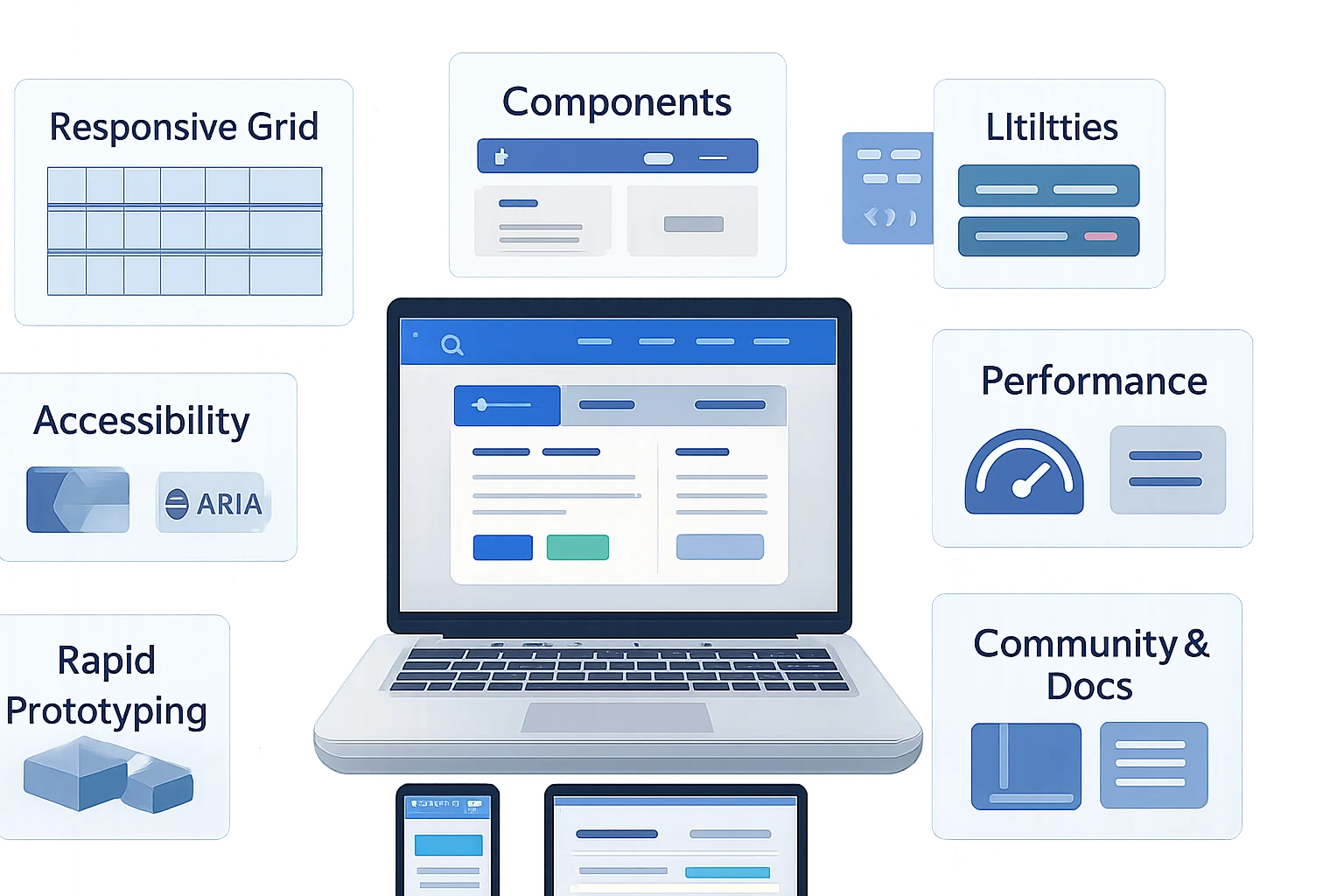 Egy laptop és mobiltelefonok, különböző webfejlesztési elemekkel és fogalmakkal.