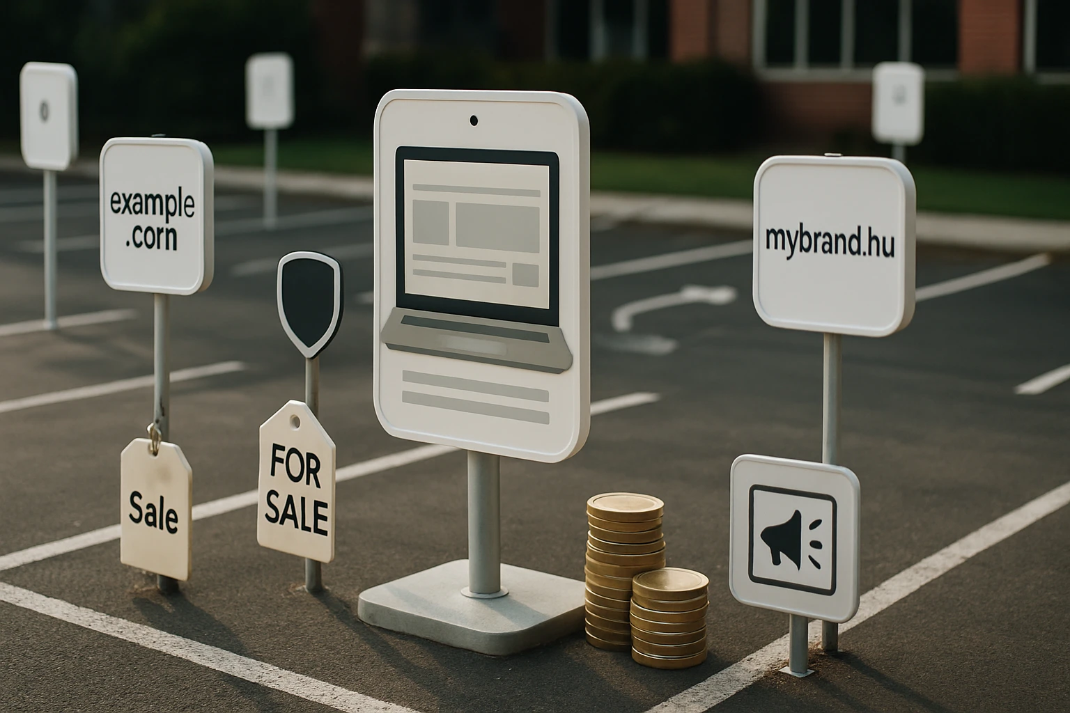 Weboldalakat hirdető táblák és aranyérmék egy parkolóban.