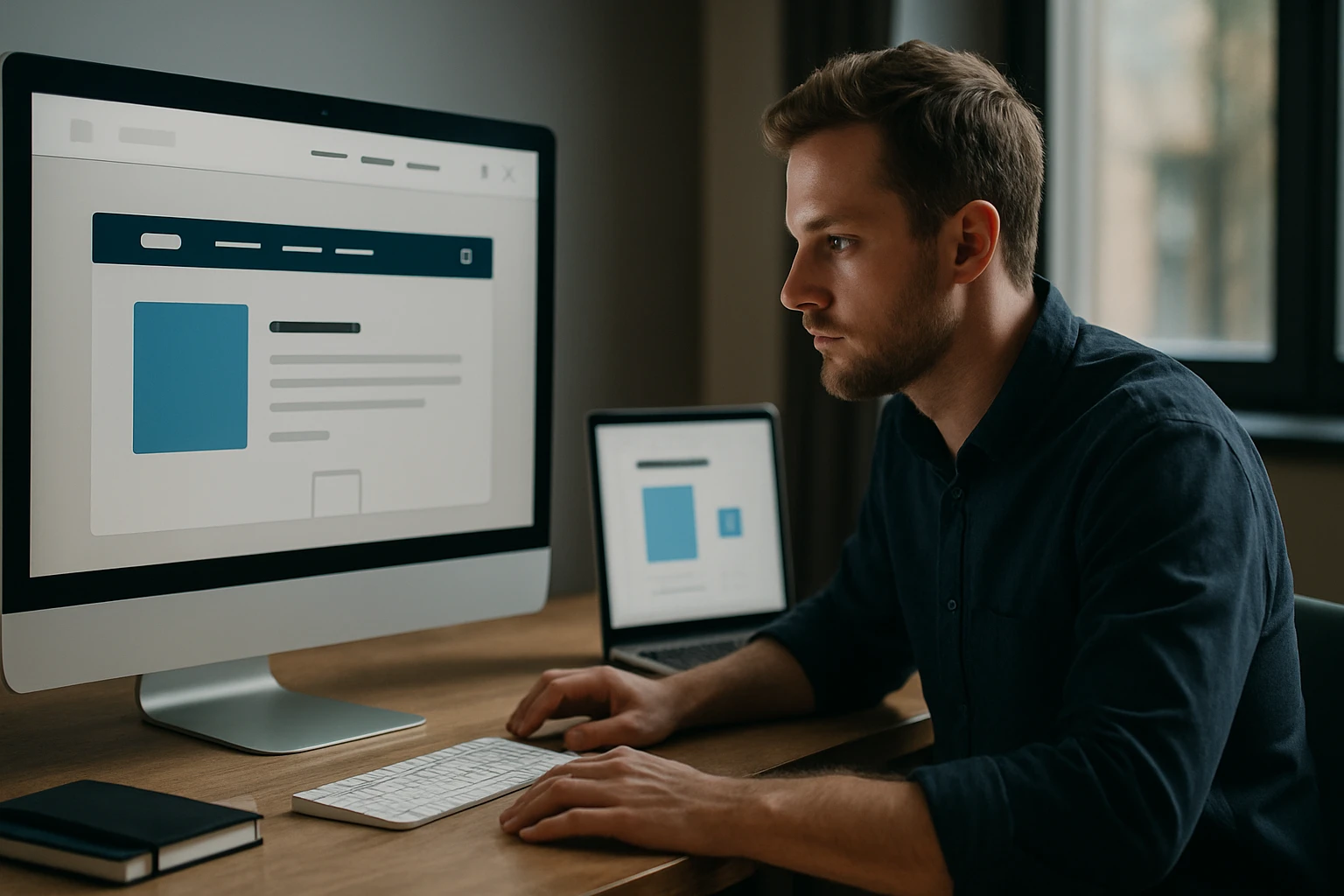 Egy férfi figyelmesen dolgozik számítógépén, weboldal tervezésen.
