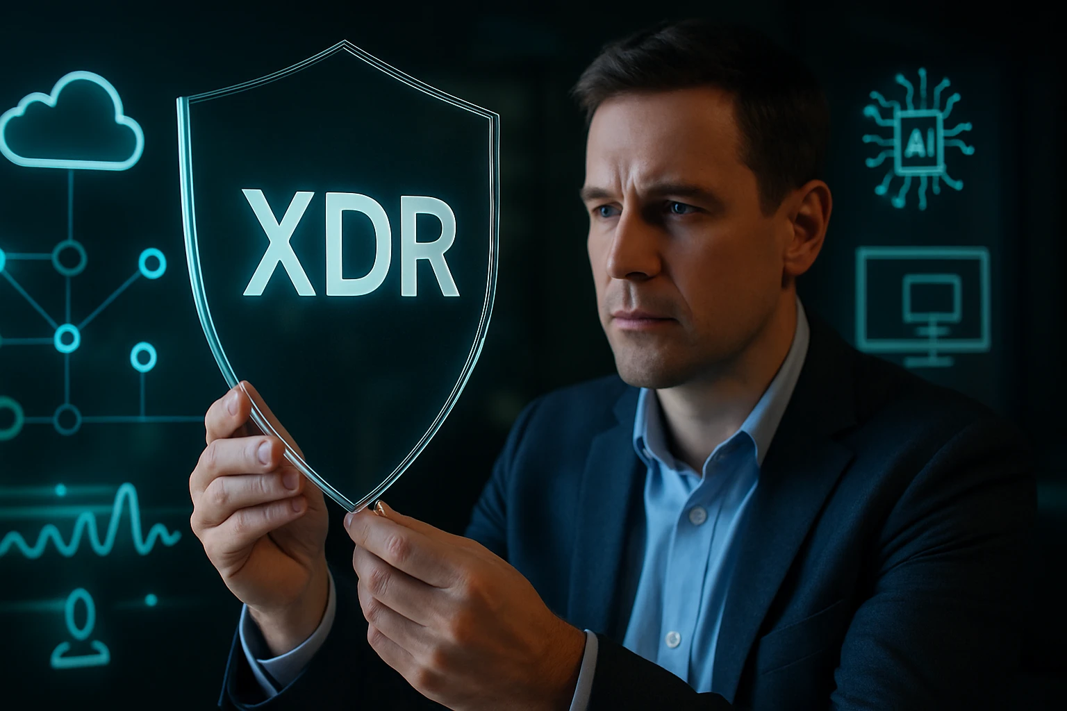 Egy férfi egy átlátszó pajzsot tart, amelyen az XDR felirat látható, háttérben technológiai grafikák.