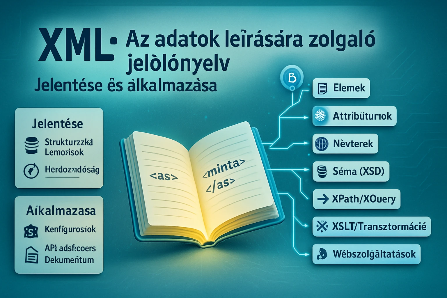 Egy nyitott könyv, amely XML kódmintát mutat be, háttérben technológiai elemekkel.
