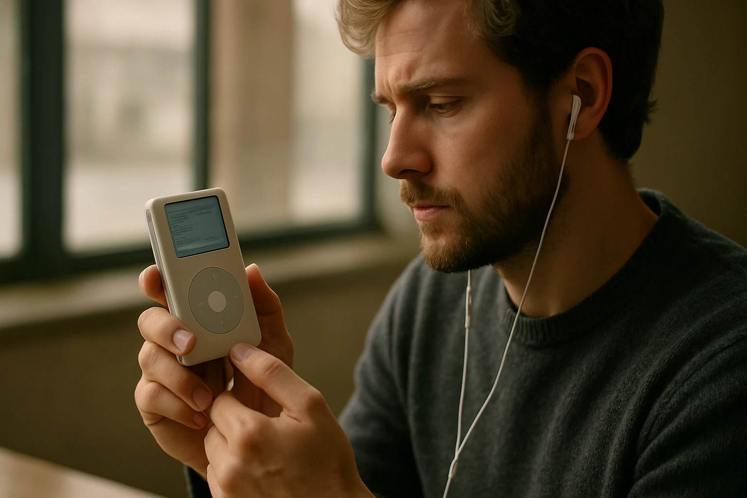 Egy fiatal férfi figyelmesen nézi az iPodját, miközben zenét hallgat.