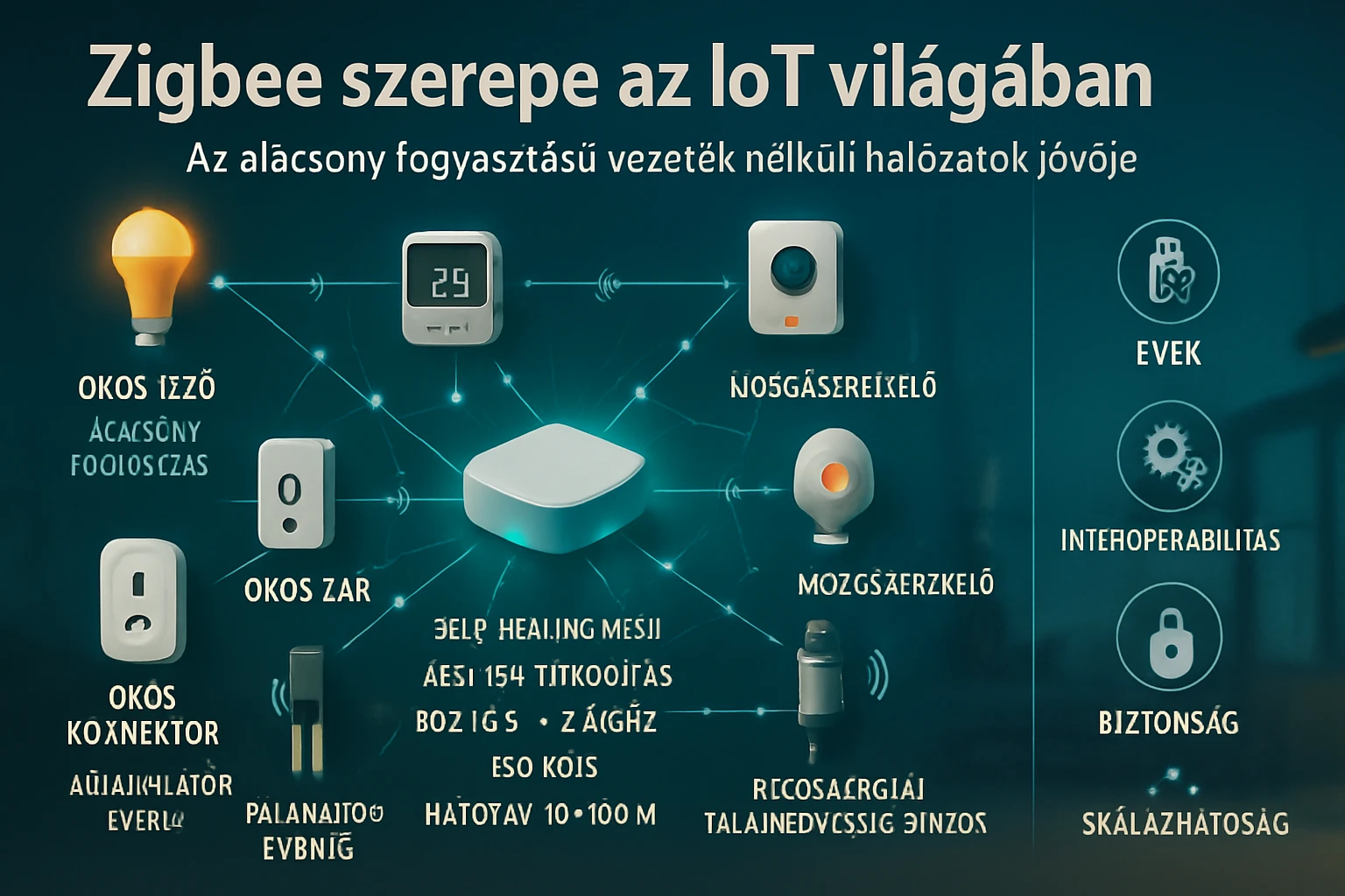 Zigbee eszközök, mint okos izzó, zár és érzékelők, IoT hálózatban.