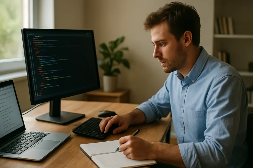 Férfi számítógépes programozás közben XML és XSL technológiákkal.