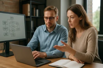 Két ember adatbázisokról beszélget az asztalnál, laptop előtt.