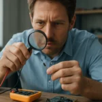 Férfi elektrotechnikai alkatrészt vizsgál magnifier-rel.