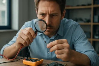 Férfi elektrotechnikai alkatrészt vizsgál magnifier-rel.