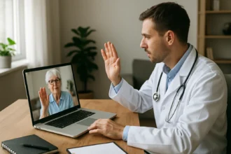 Telemedicina: orvos online konzultáció közben egy idős pácienssel