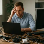 Férfi, aki tanácstalanul néz egy laptopot, körülötte káosz van