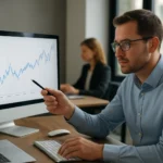 Elemző férfi adatelemzést végez idősoros előrejelző szoftverrel