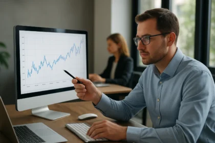 Elemző férfi adatelemzést végez idősoros előrejelző szoftverrel